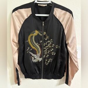 NWOT Rewind Black Retro Bomber Jacket with Dragon Embroidery.